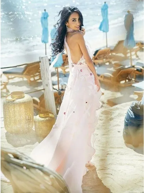 A-Line Halter Backless Light Pink Chiffon Beach Wedding Dress with Appliques Ruffles PFW0447