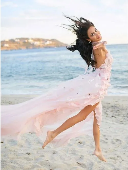 A-Line Halter Backless Light Pink Chiffon Beach Wedding Dress with Appliques Ruffles PFW0447