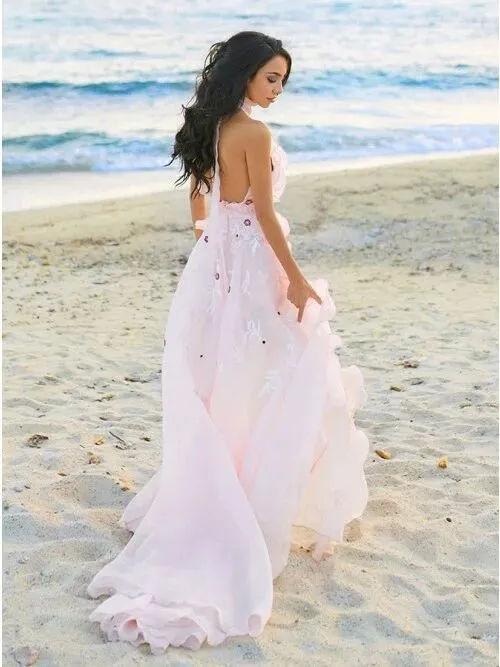 A-Line Halter Backless Light Pink Chiffon Beach Wedding Dress with Appliques Ruffles PFW0447