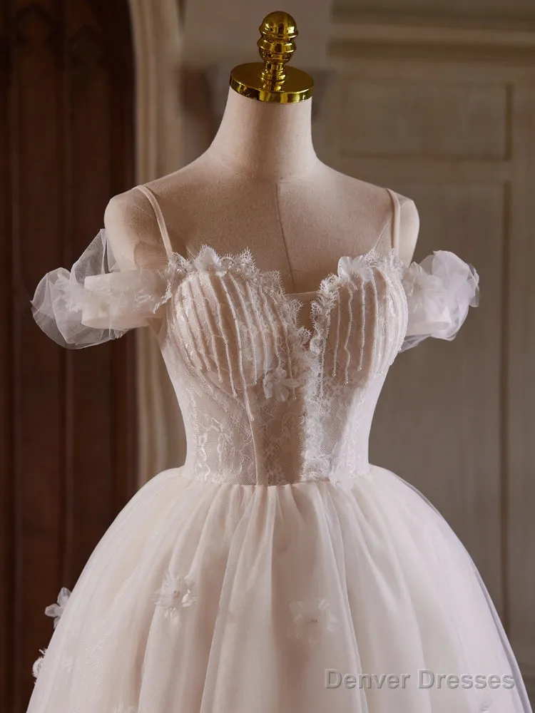 A-Line Off Shoulder Tulle Lace Light Champagne Short Prom Dress
