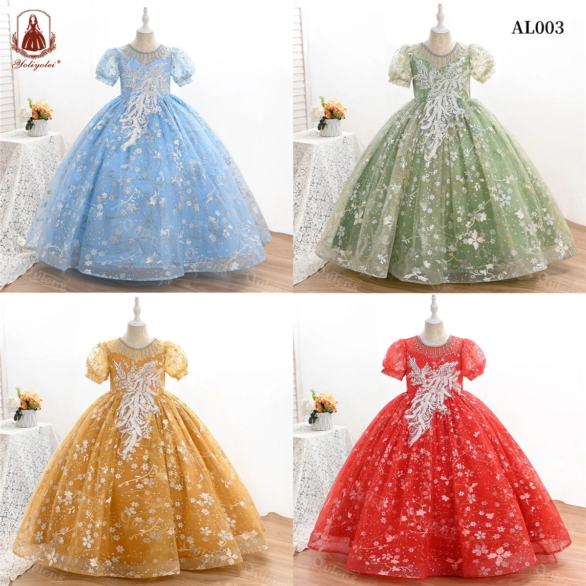 AL003 3-10years old Yoliyolei Puffy Trailing Party Dress Girls Halloween Sweet Princess Baby Kids Birthday Clothing Child Wedding Retro Dress