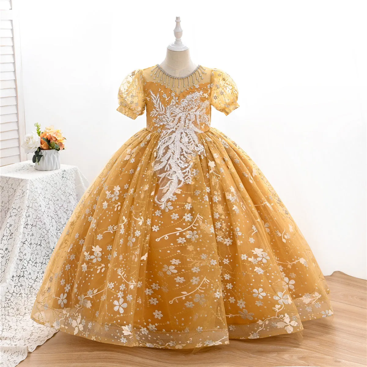 AL003 3-10years old Yoliyolei Puffy Trailing Party Dress Girls Halloween Sweet Princess Baby Kids Birthday Clothing Child Wedding Retro Dress