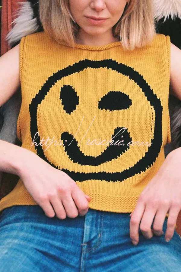 Always Happy Face Knit Unique Pattern Versatile Loose Tank Top