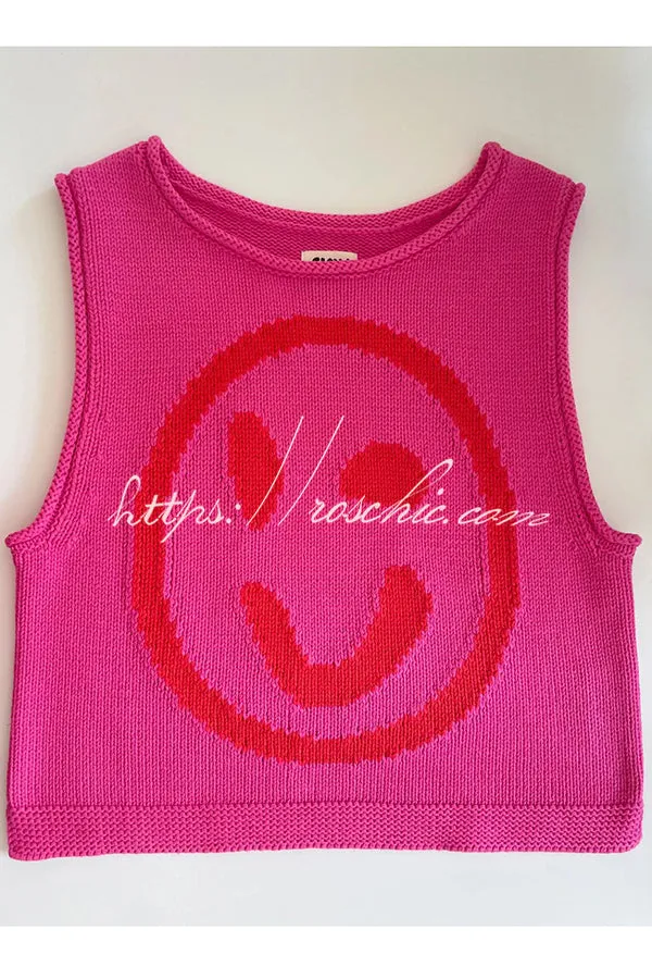 Always Happy Face Knit Unique Pattern Versatile Loose Tank Top