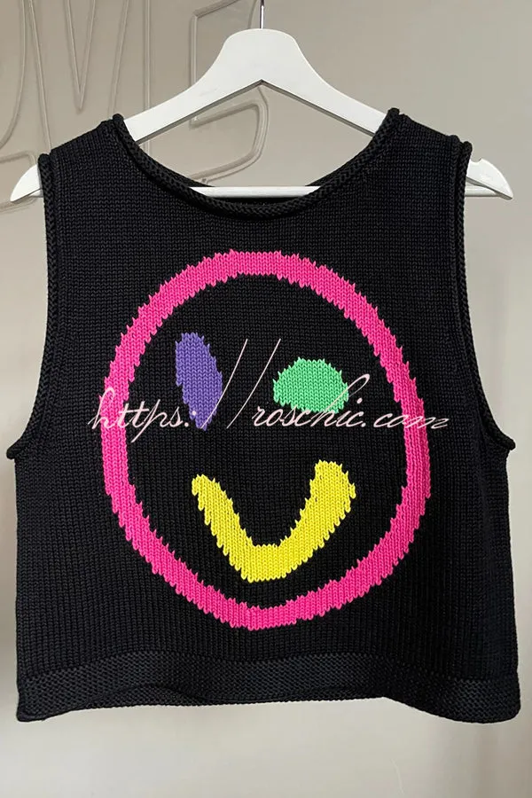 Always Happy Face Knit Unique Pattern Versatile Loose Tank Top