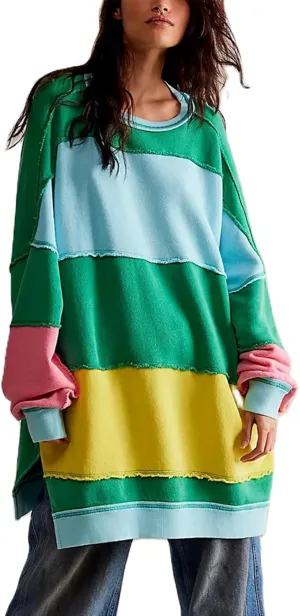Amiblvowa Striped Sweatshirt Dress for Women Y2K Colorblock Long Sleeve Pullover Dress Vintage Oversized Streatshirt Top