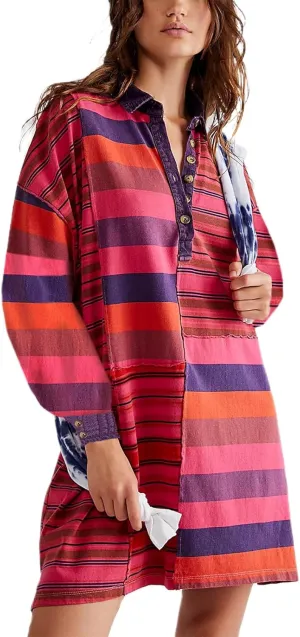 Amiblvowa Striped Sweatshirt Dress for Women Y2K Colorblock Long Sleeve Pullover Dress Vintage Oversized Streatshirt Top