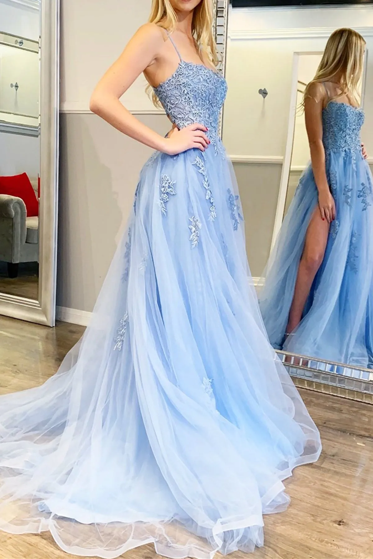 Backless Light Blue Lace Prom Dresses, Open Back Light Blue Lace Formal Evening Dresses