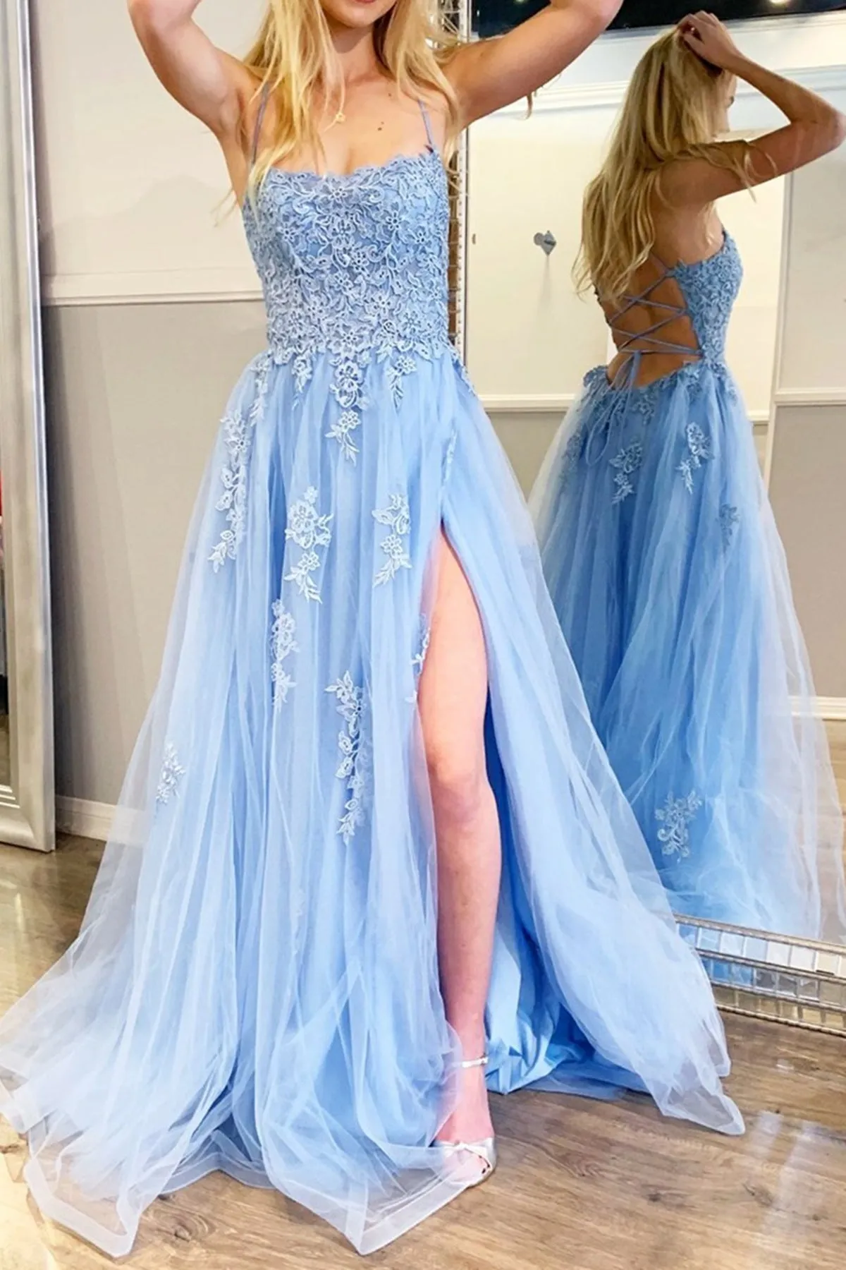 Backless Light Blue Lace Prom Dresses, Open Back Light Blue Lace Formal Evening Dresses