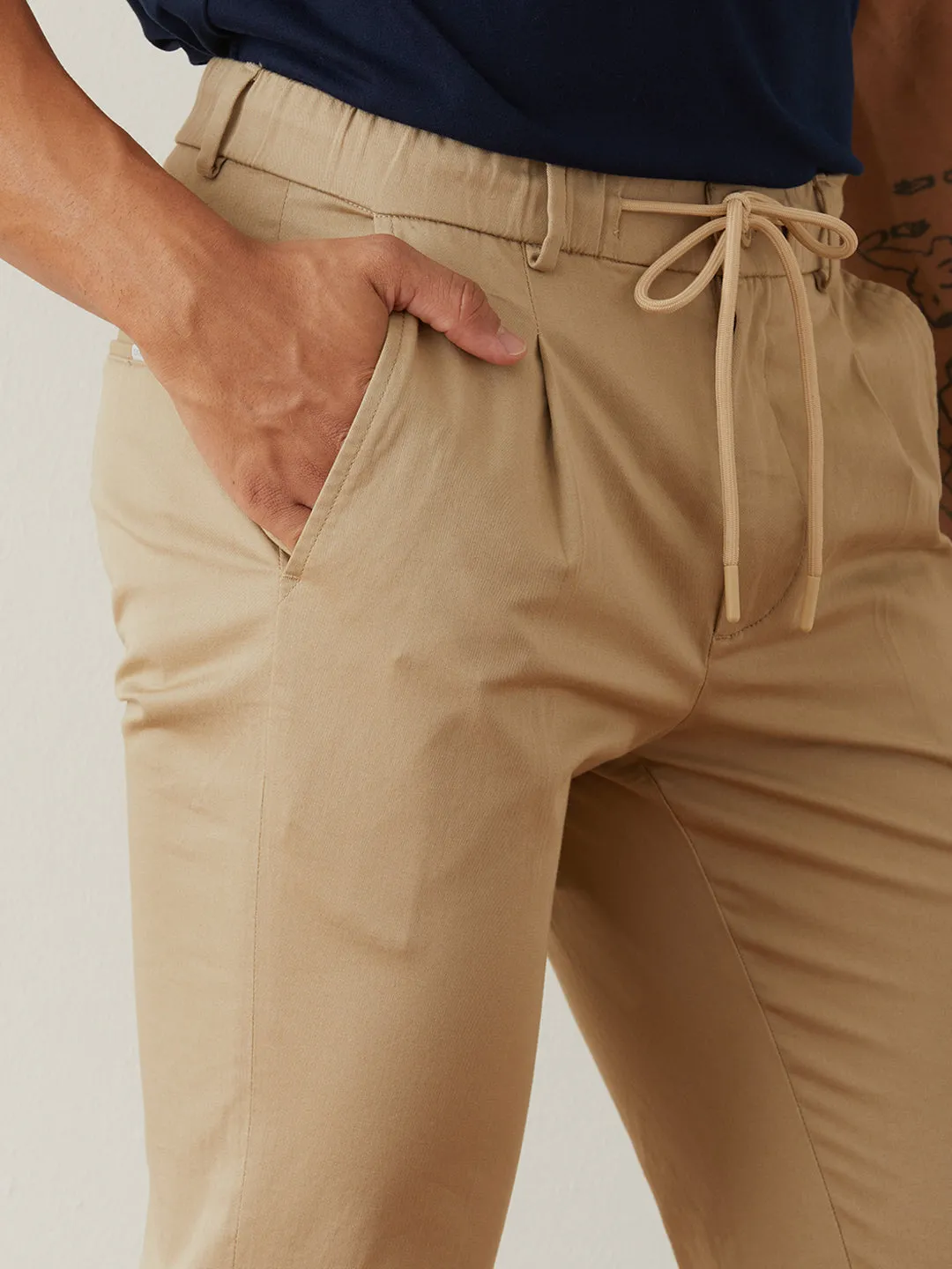 Beige Plain Cotton Loose Pants