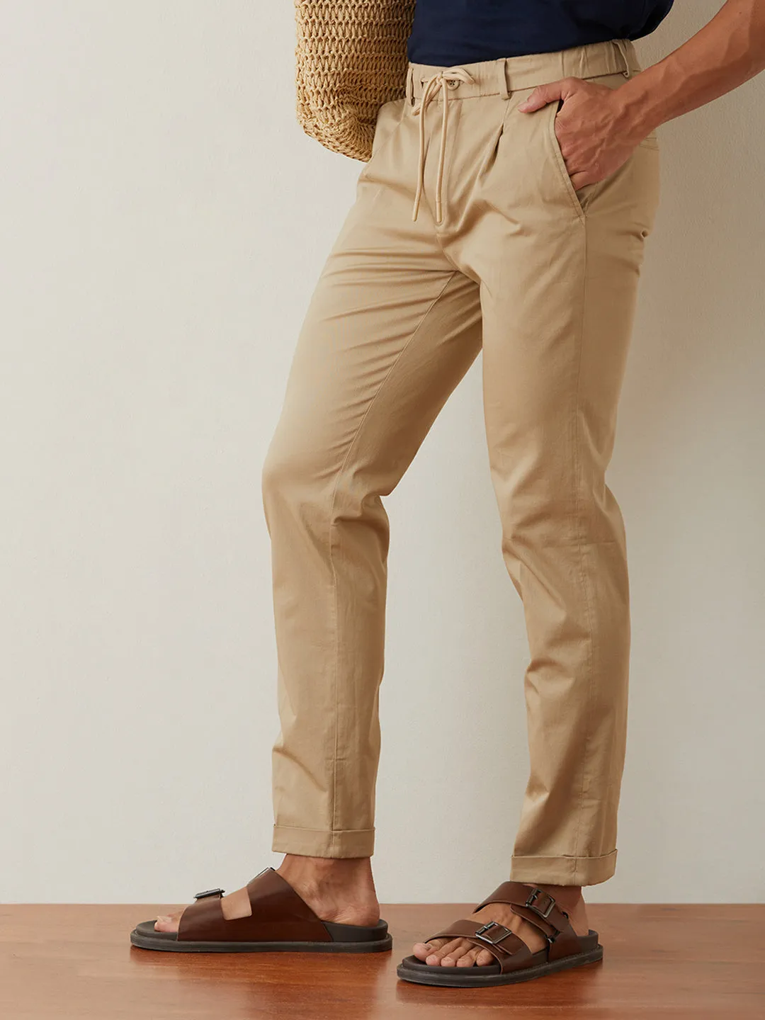 Beige Plain Cotton Loose Pants