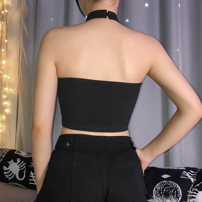 Black Backless Sexy Punk Gothic Crop Top Choker Collar Patchwork Sleeveless