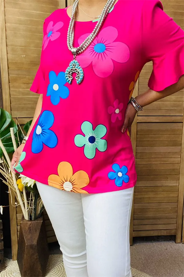 BQ15603 Sunflower multi color printed short sleeve women fuchsia tops