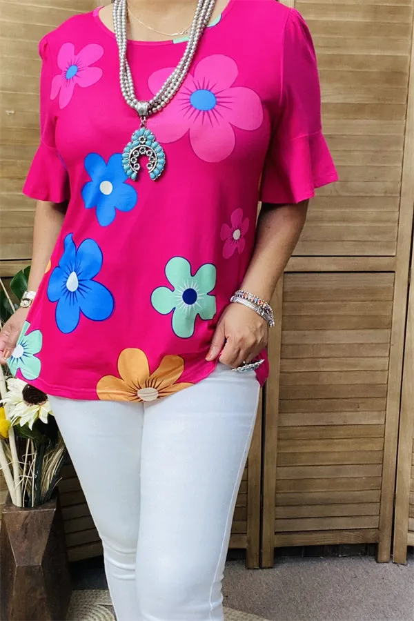 BQ15603 Sunflower multi color printed short sleeve women fuchsia tops