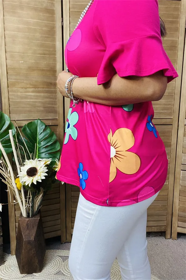 BQ15603 Sunflower multi color printed short sleeve women fuchsia tops