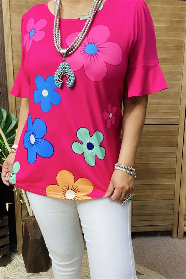 BQ15603 Sunflower multi color printed short sleeve women fuchsia tops