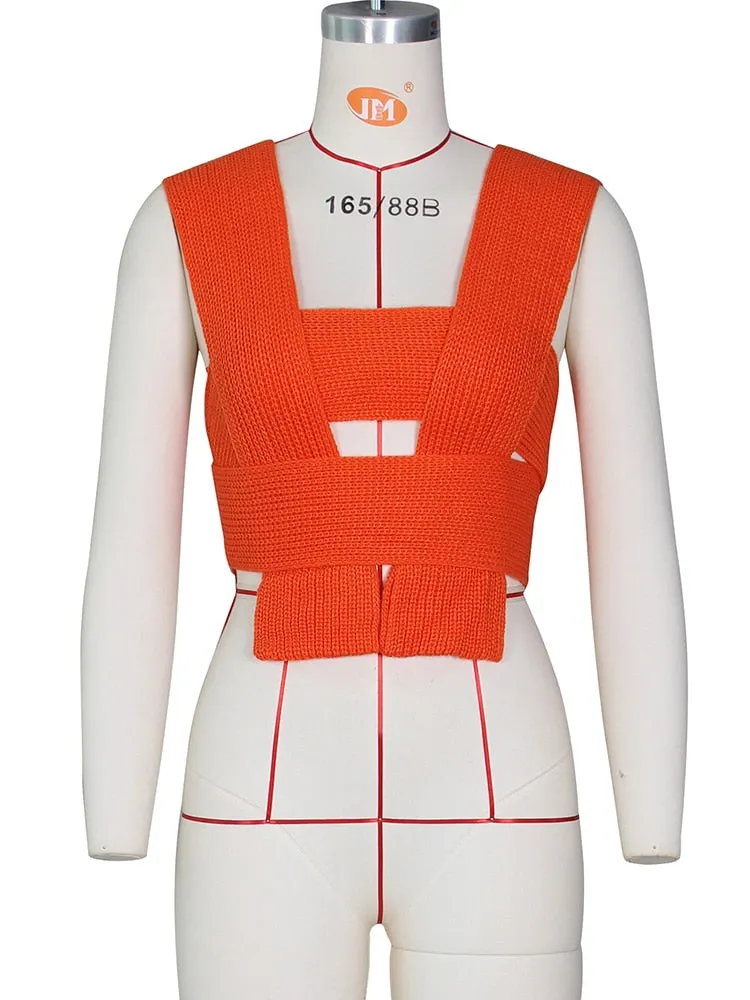 Casual Knitted Strap up Lace Versity Top