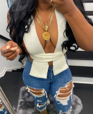 Casual Knitted Strap up Lace Versity Top