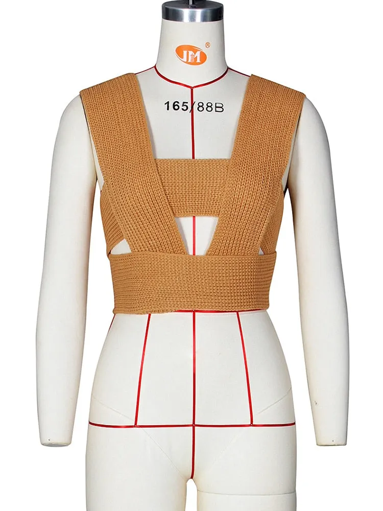 Casual Knitted Strap up Lace Versity Top