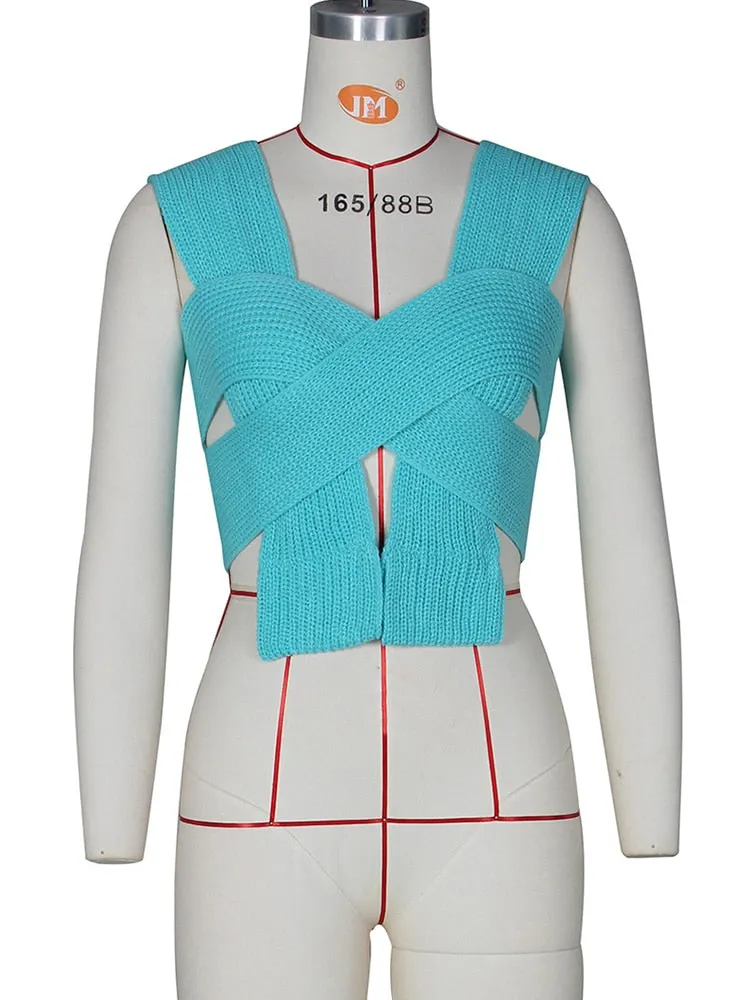 Casual Knitted Strap up Lace Versity Top