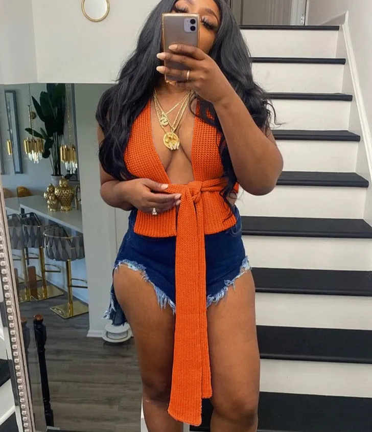 Casual Knitted Strap up Lace Versity Top