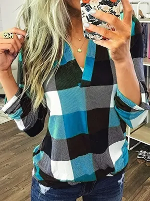 Casual Plaid Shirt, Long Sleeve V-neck Shirt,  Casual Every Day Tops, Women's Clothing