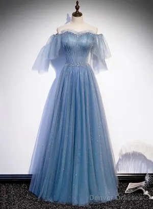 Charming Light Blue Tulle Puffy Sleeves Floor Length Party Dress A-Line Pricess Gowns Prom Dress Sparkly