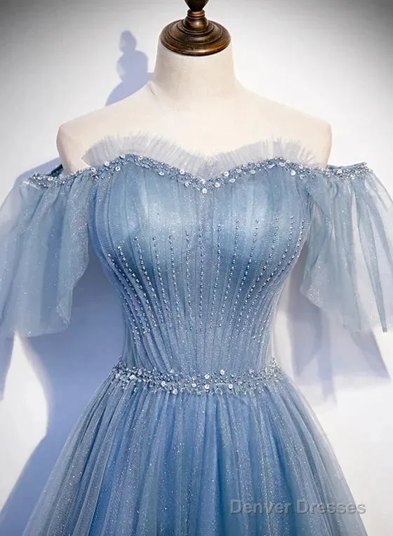Charming Light Blue Tulle Puffy Sleeves Floor Length Party Dress A-Line Pricess Gowns Prom Dress Sparkly
