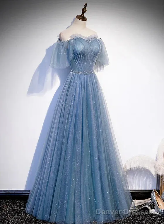 Charming Light Blue Tulle Puffy Sleeves Floor Length Party Dress A-Line Pricess Gowns Prom Dress Sparkly