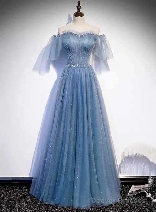 Charming Light Blue Tulle Puffy Sleeves Floor Length Party Dress A-Line Pricess Gowns Prom Dress Sparkly