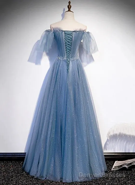 Charming Light Blue Tulle Puffy Sleeves Floor Length Party Dress A-Line Pricess Gowns Prom Dress Sparkly