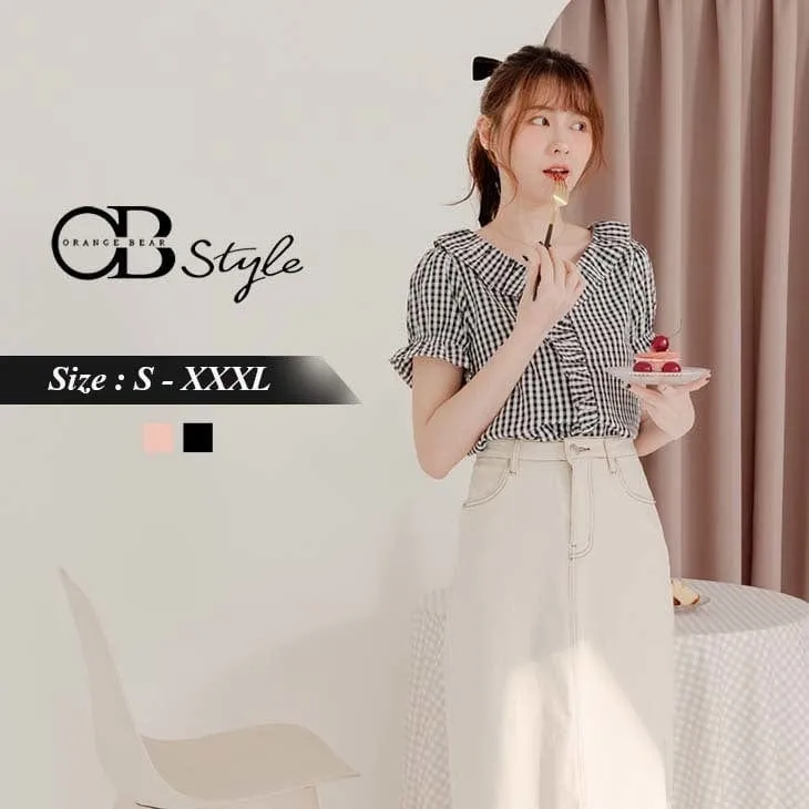 CHECKED RUFFLE COLLAR RUFFLE SLEEVE V-NECK TOPS