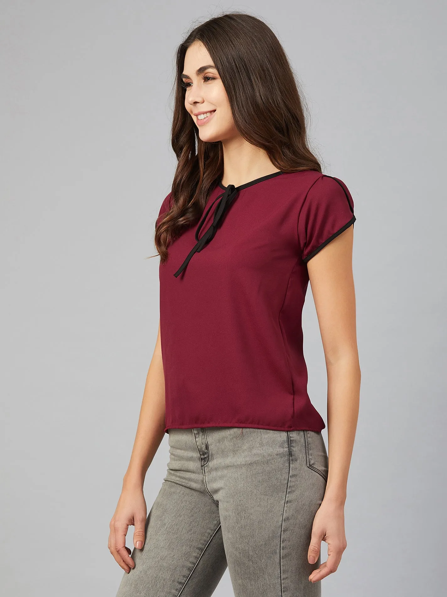 Chimpaaanzee Women Maroon Lap Over Sleeve Top