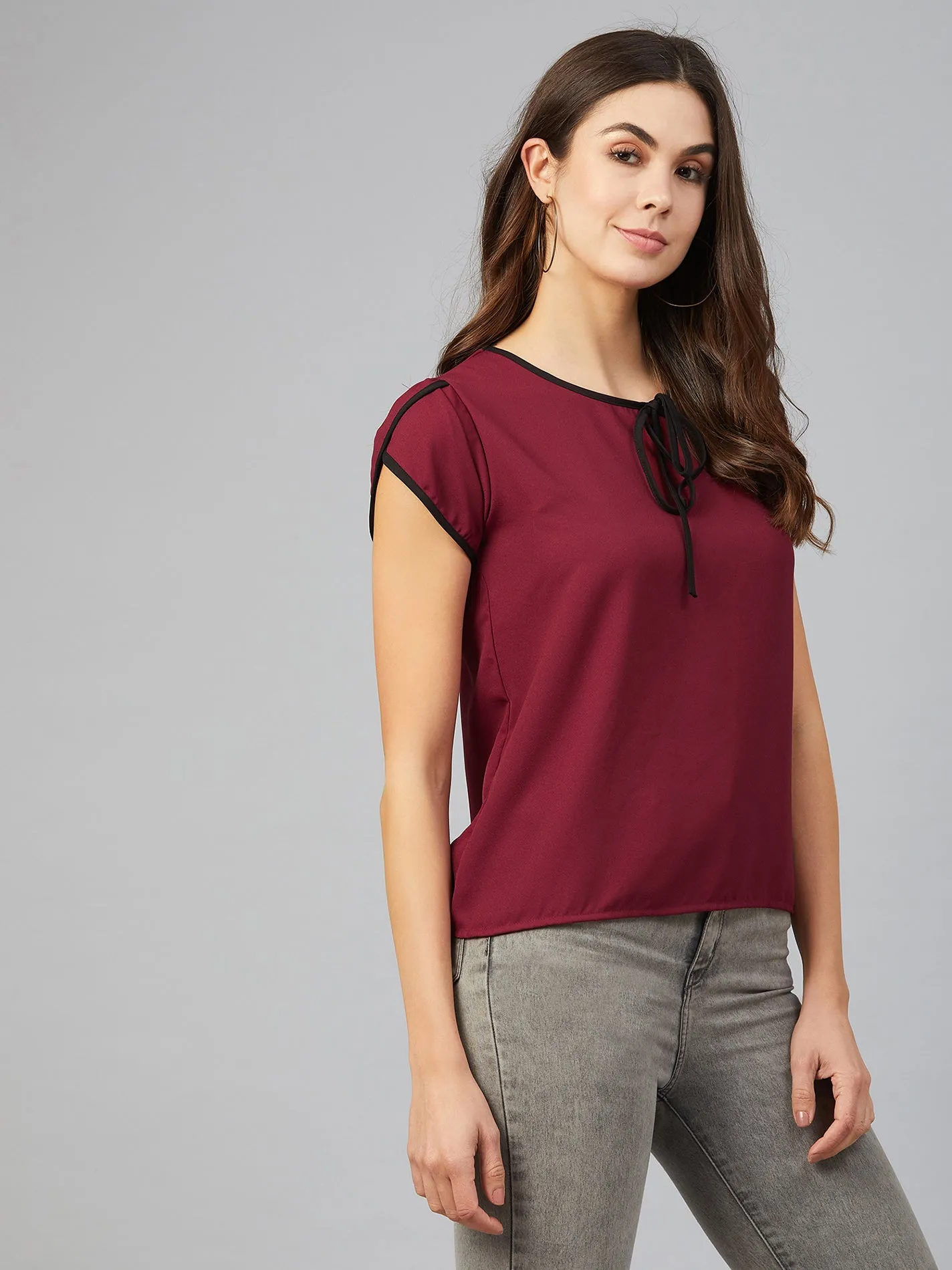 Chimpaaanzee Women Maroon Lap Over Sleeve Top