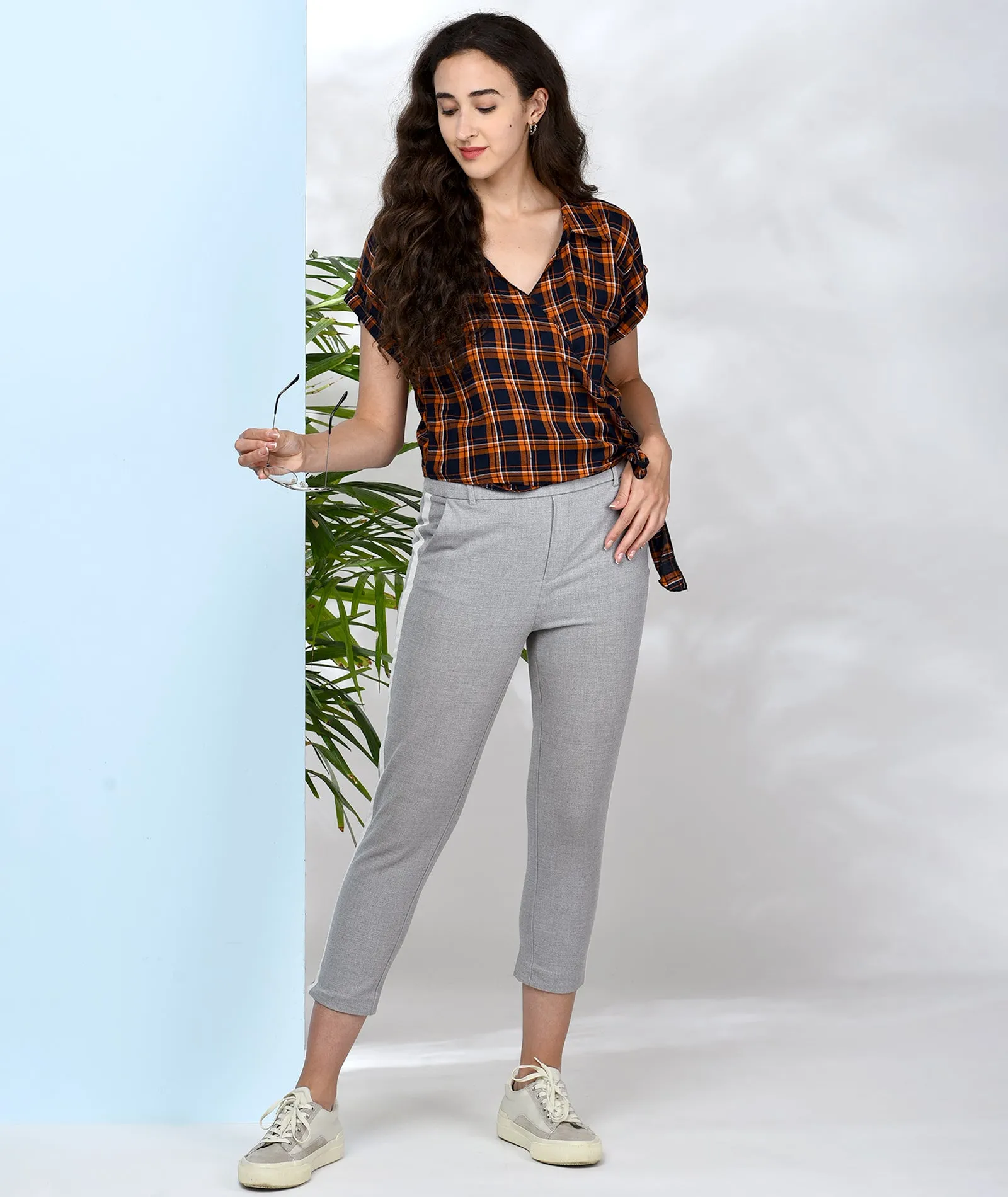 Chimpaaanzee Women Orange and Navy Viscose Wrap Style Top