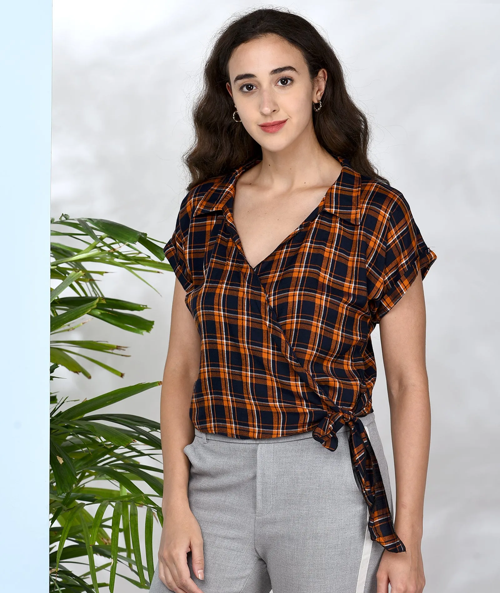 Chimpaaanzee Women Orange and Navy Viscose Wrap Style Top