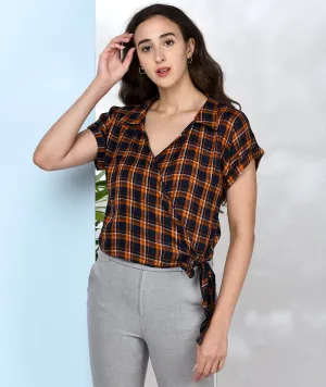 Chimpaaanzee Women Orange and Navy Viscose Wrap Style Top