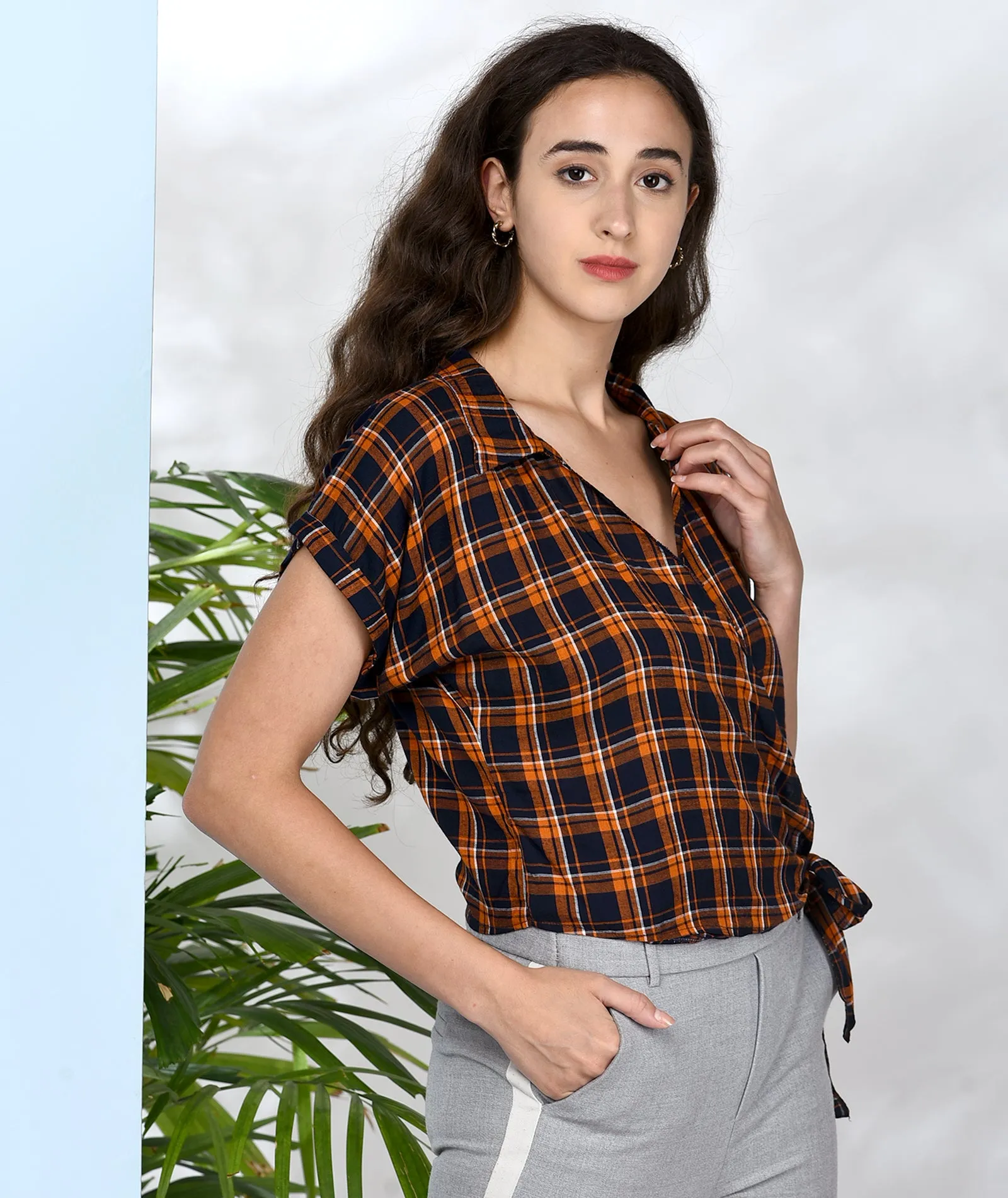 Chimpaaanzee Women Orange and Navy Viscose Wrap Style Top