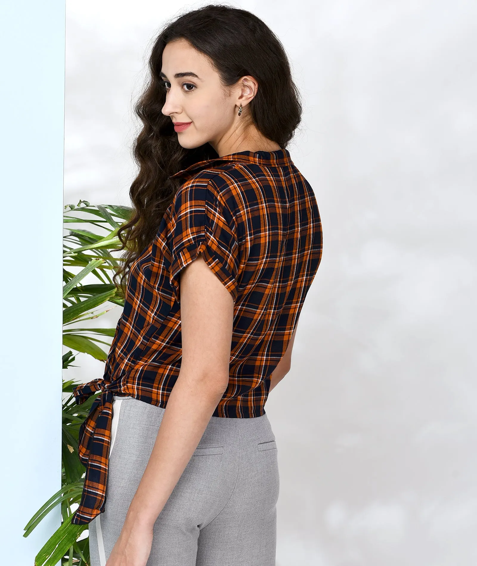 Chimpaaanzee Women Orange and Navy Viscose Wrap Style Top