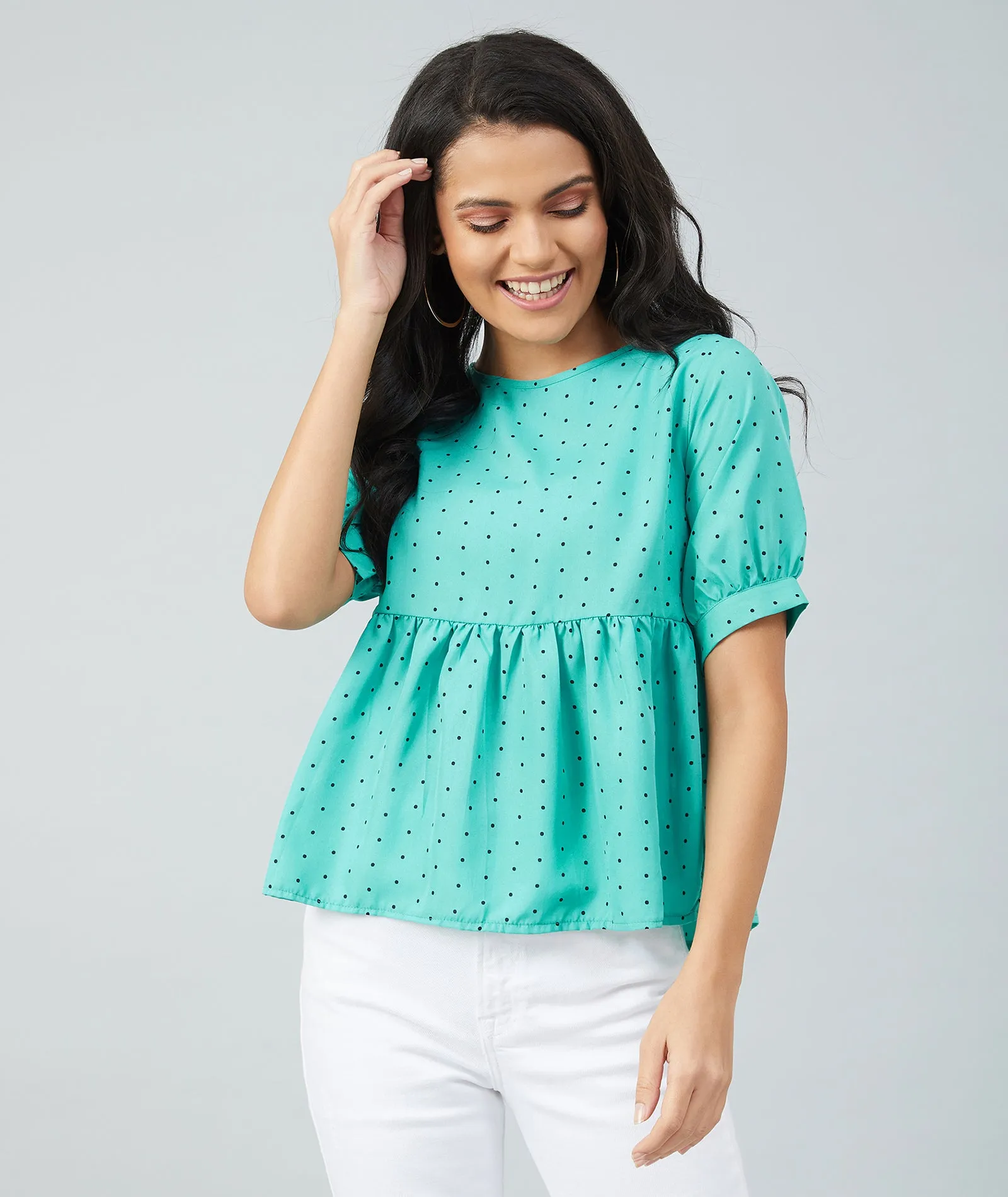 Chimpaaanzee women Rama Green Crepe Polka Doted Half Sleeve Top