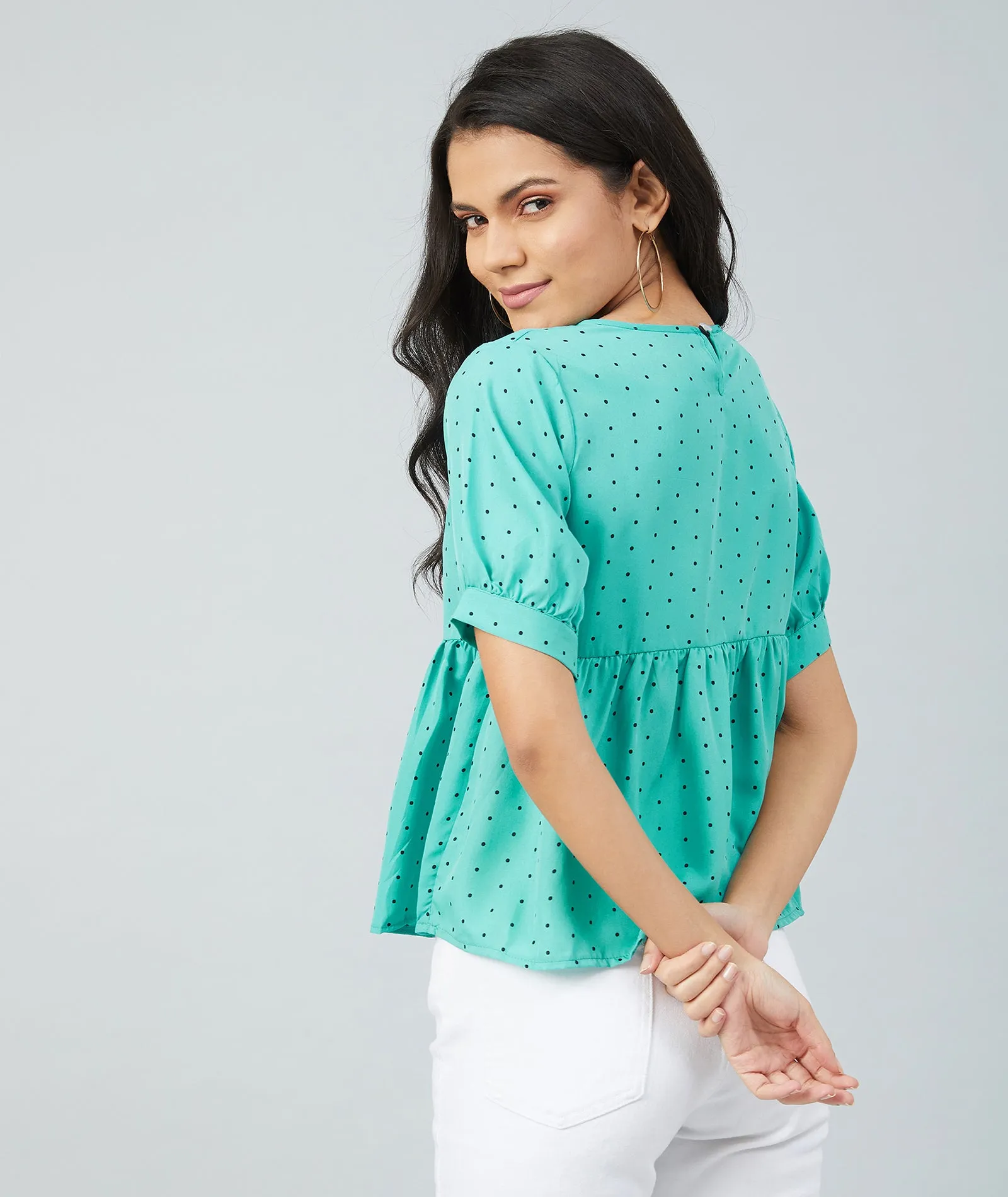 Chimpaaanzee women Rama Green Crepe Polka Doted Half Sleeve Top