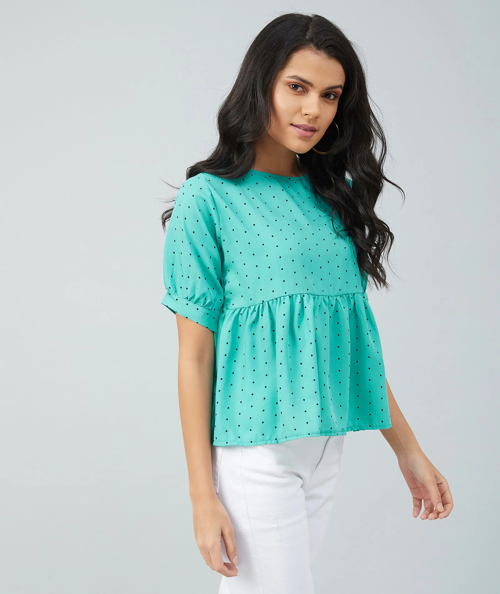 Chimpaaanzee women Rama Green Crepe Polka Doted Half Sleeve Top