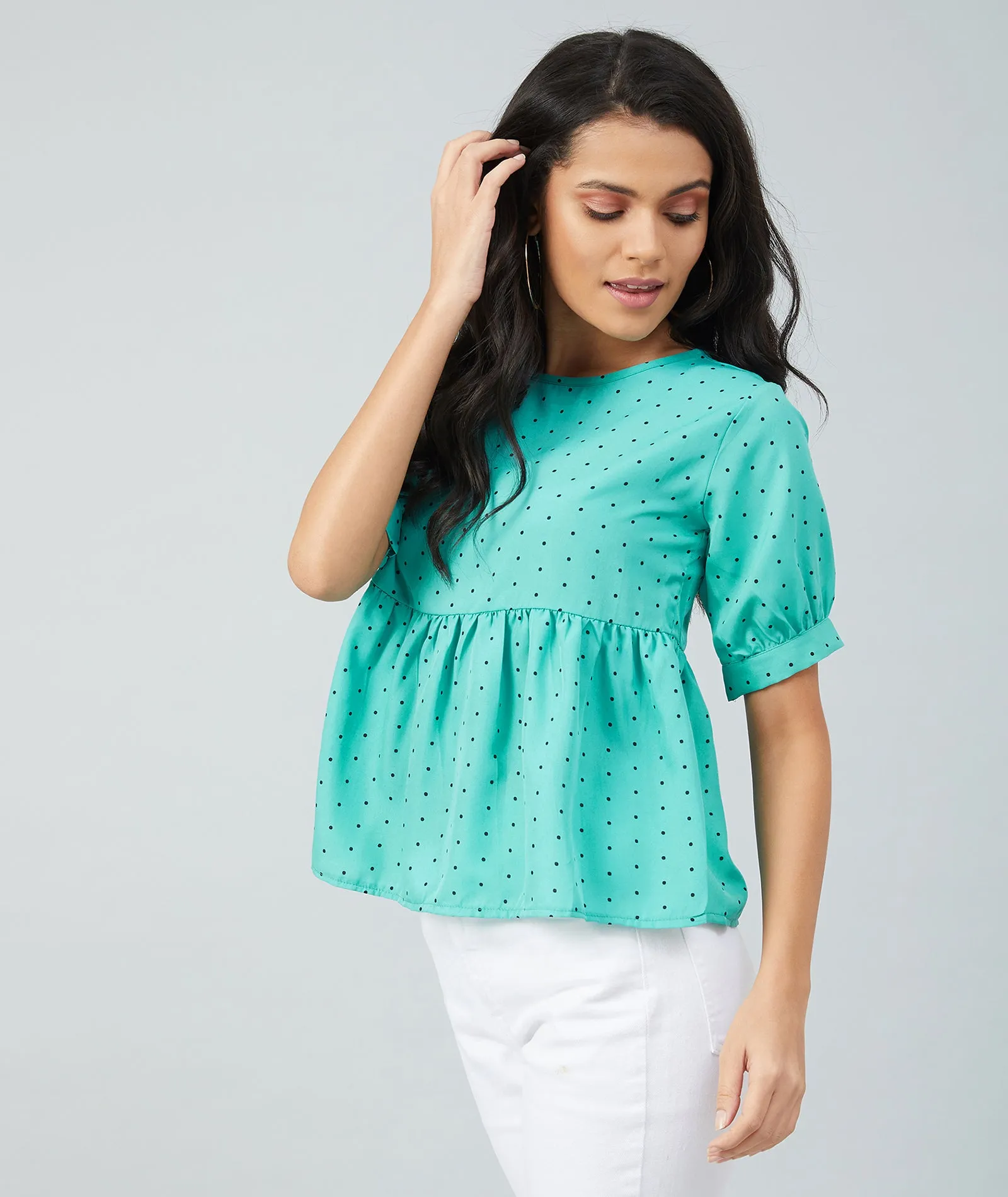 Chimpaaanzee women Rama Green Crepe Polka Doted Half Sleeve Top