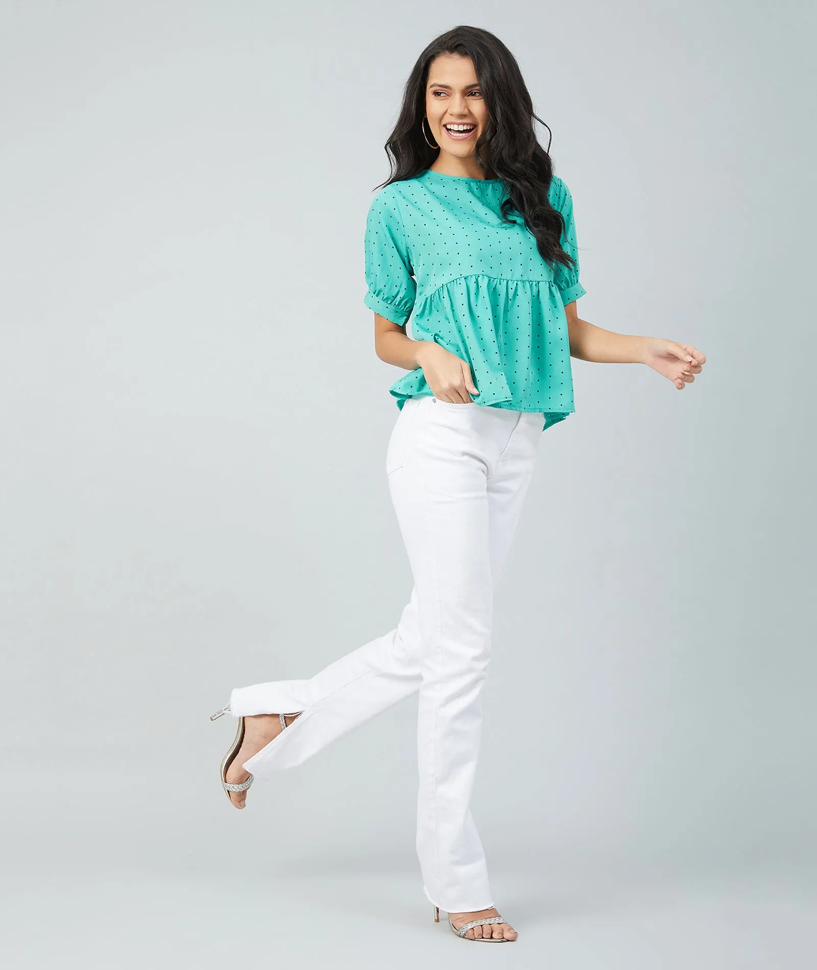 Chimpaaanzee women Rama Green Crepe Polka Doted Half Sleeve Top