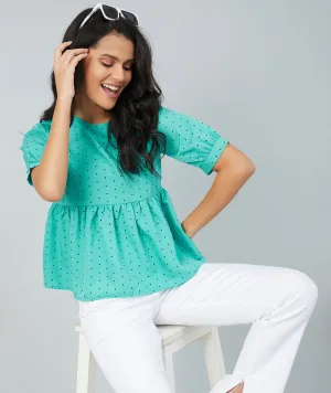 Chimpaaanzee women Rama Green Crepe Polka Doted Half Sleeve Top