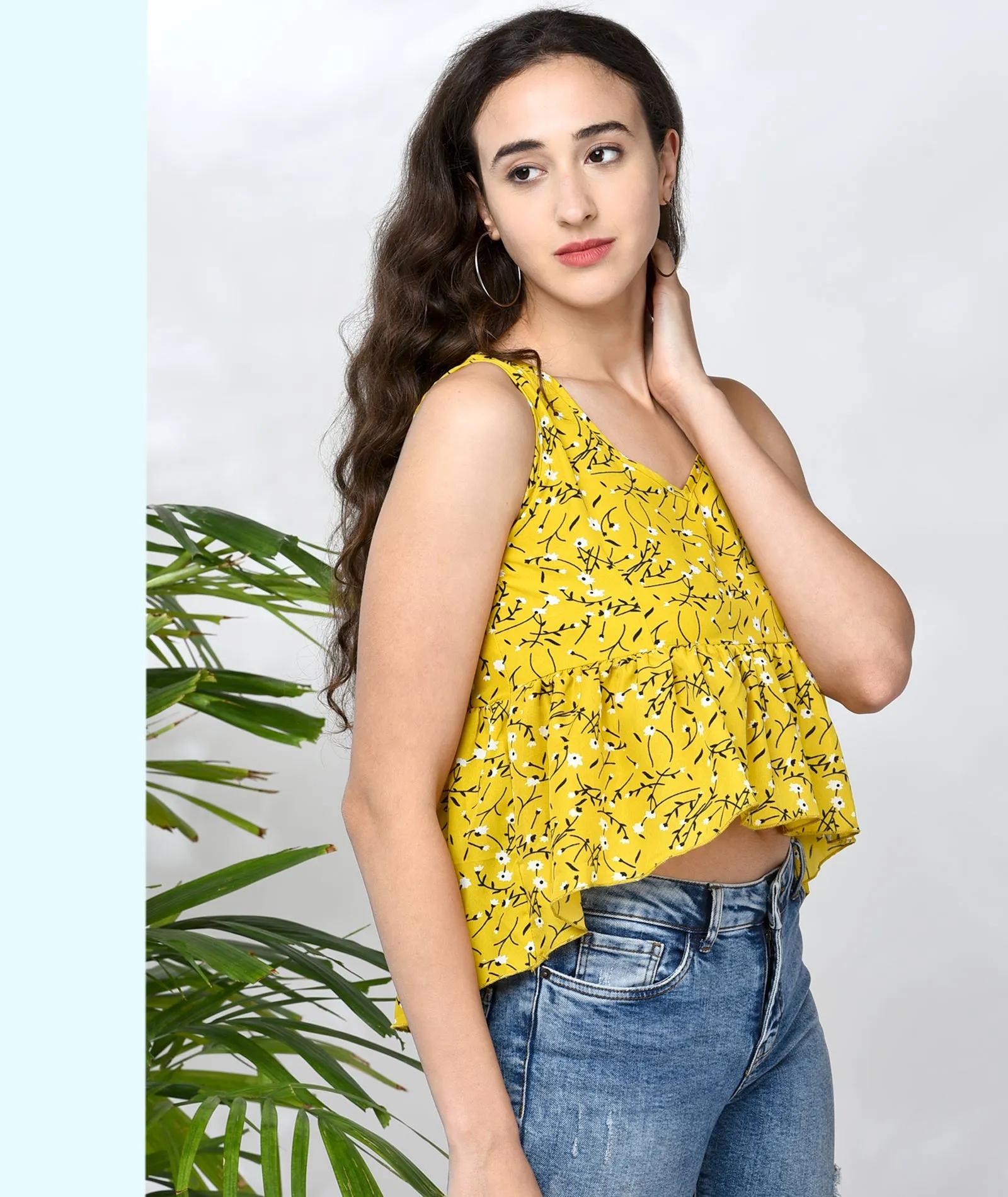 Chimpaaanzee Women Yellow Flower Printed Assymetrical Top