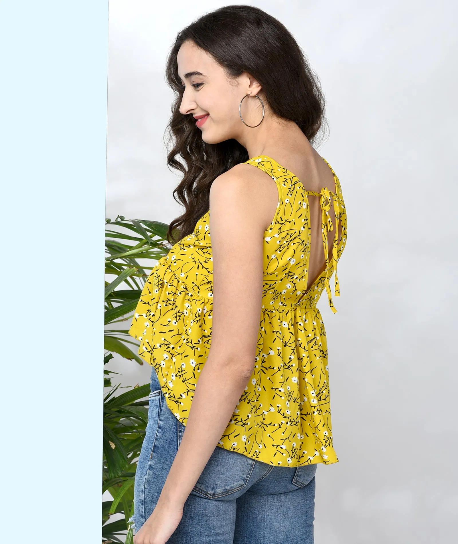 Chimpaaanzee Women Yellow Flower Printed Assymetrical Top