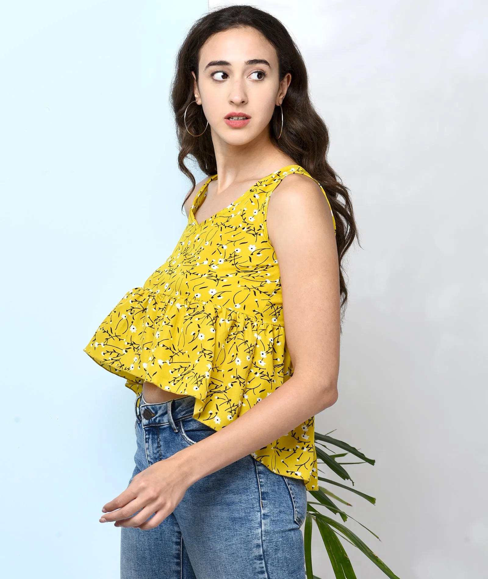 Chimpaaanzee Women Yellow Flower Printed Assymetrical Top