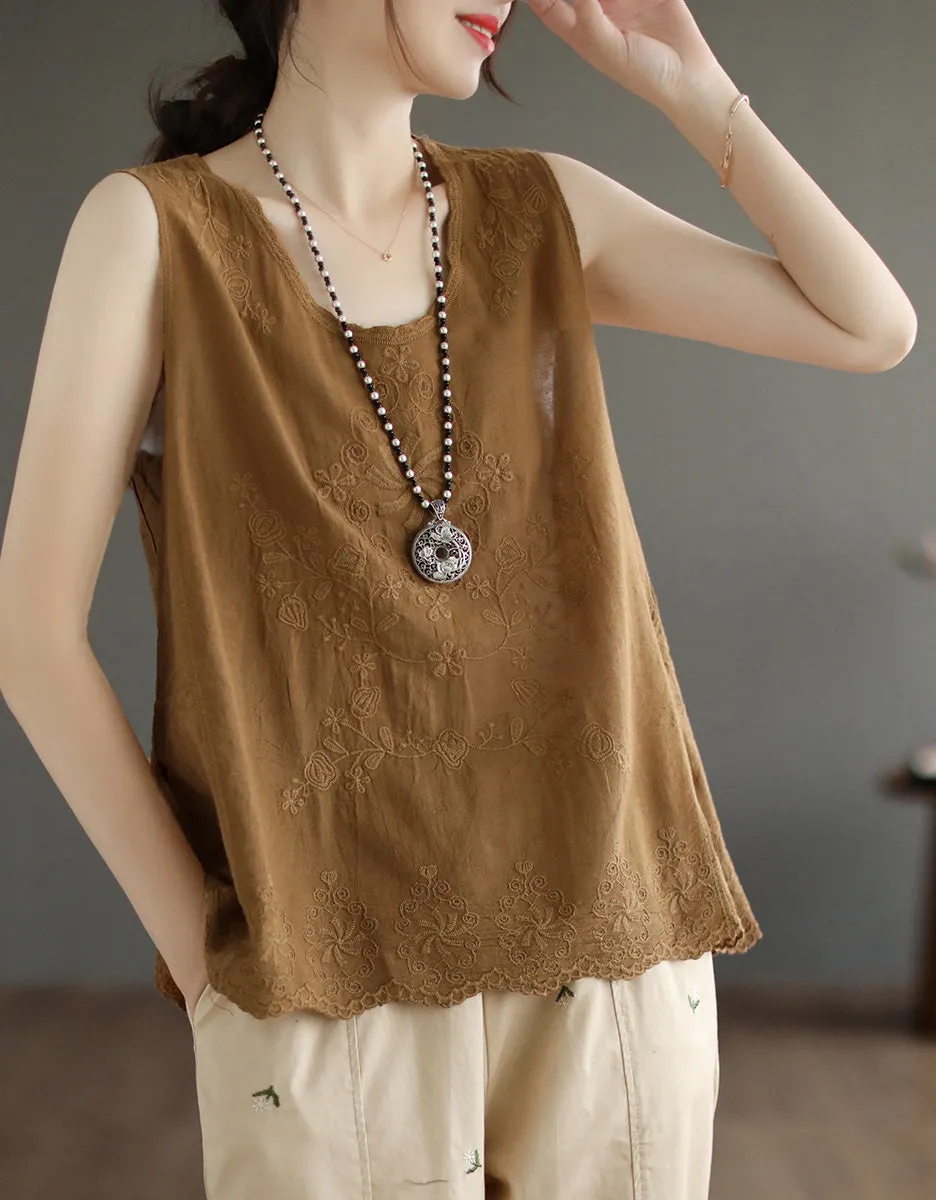 Comfortable Flower Embroidery Cotton Solid-color Vest