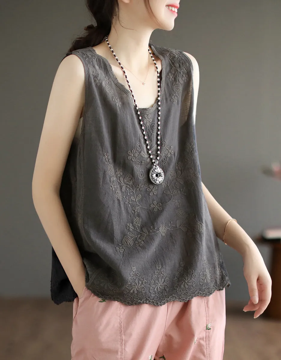 Comfortable Flower Embroidery Cotton Solid-color Vest